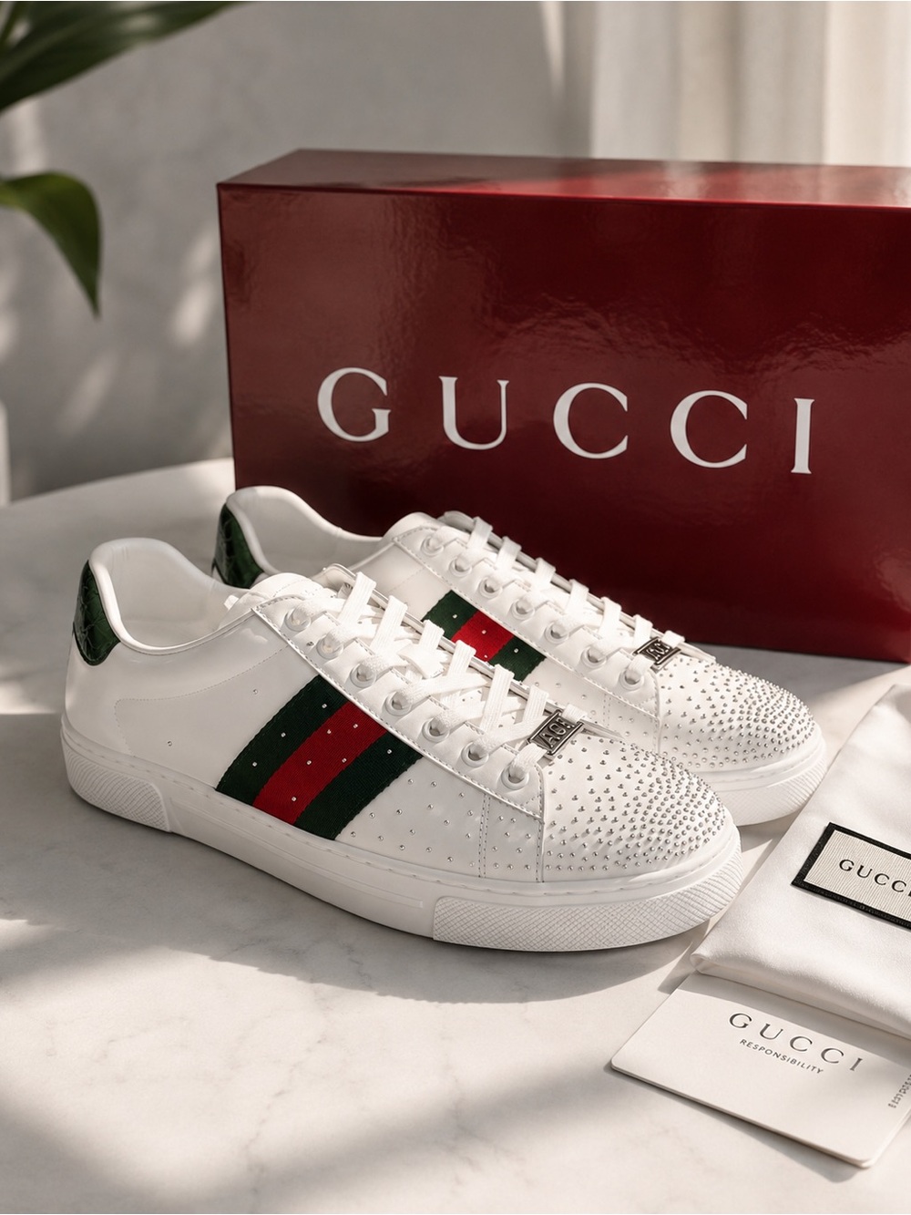 Gucci Ace White Leather Low-Top Sneaker with studs